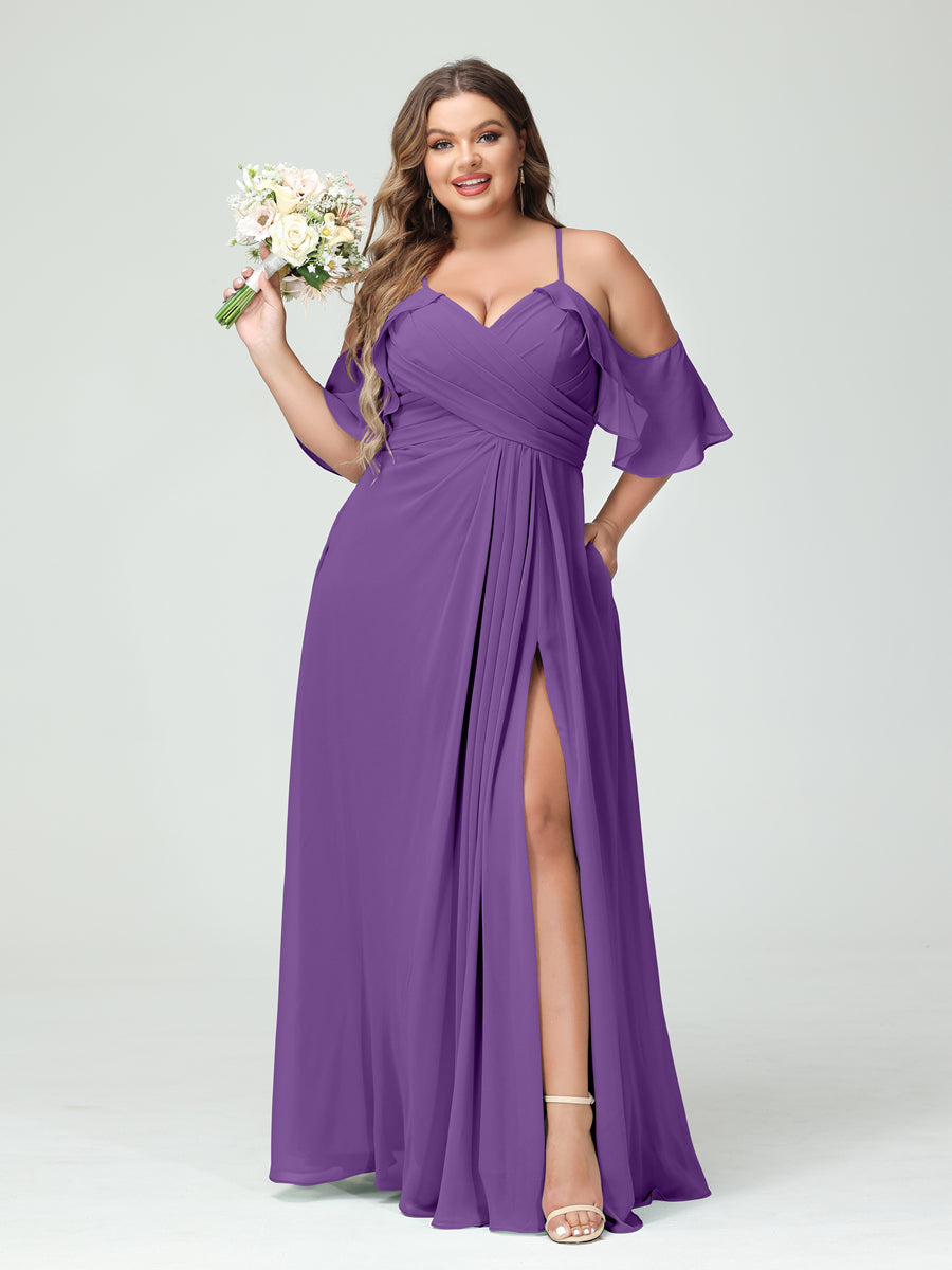 A-Line/Princess Spaghetti Straps Short Sleeves Chiffon Ruched Split Side Plus Size Bridesmaid Dresses with Pockets - 이미지 42