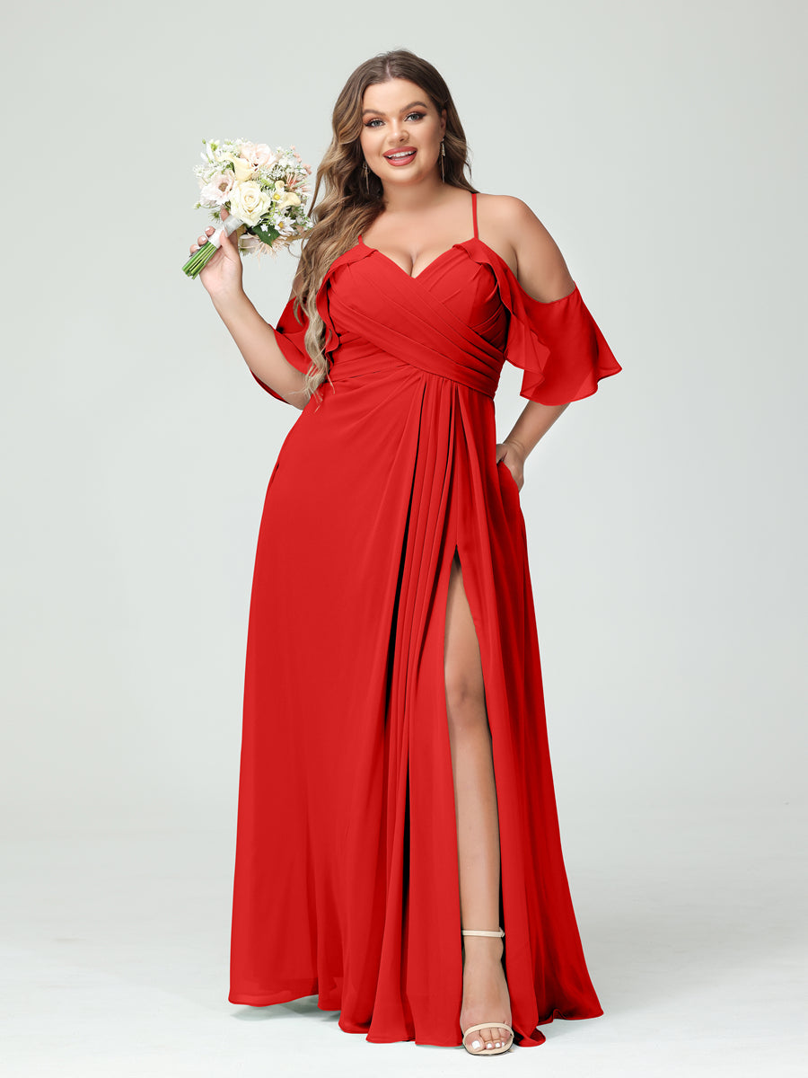 A-Line/Princess Spaghetti Straps Short Sleeves Chiffon Ruched Split Side Plus Size Bridesmaid Dresses with Pockets - 이미지 36