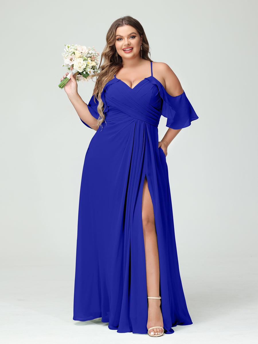 A-Line/Princess Spaghetti Straps Short Sleeves Chiffon Ruched Split Side Plus Size Bridesmaid Dresses with Pockets - 이미지 55