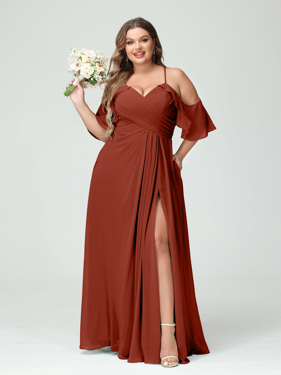 A-Line/Princess Spaghetti Straps Short Sleeves Chiffon Ruched Split Side Plus Size Bridesmaid Dresses with Pockets - 이미지 13