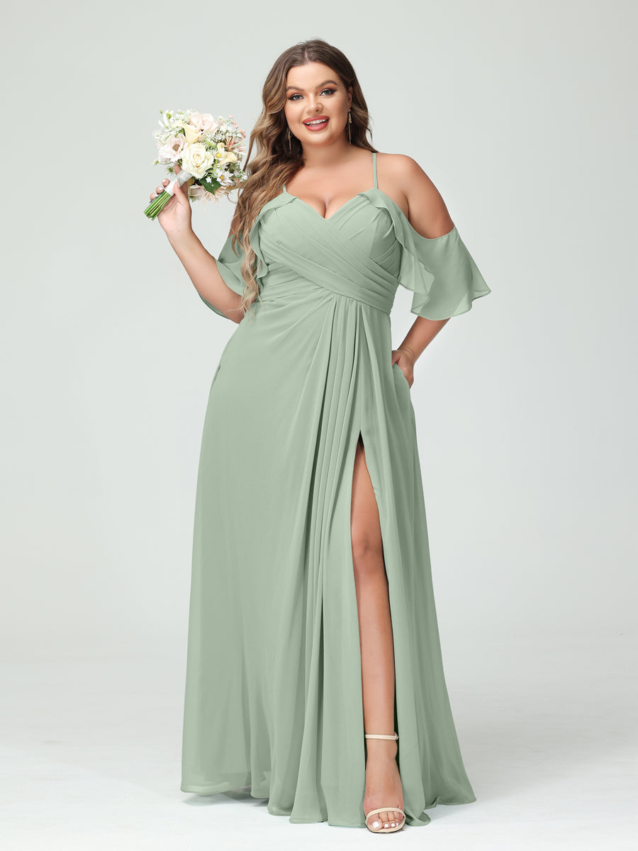 A-Line/Princess Spaghetti Straps Short Sleeves Chiffon Ruched Split Side Plus Size Bridesmaid Dresses with Pockets - 이미지 10