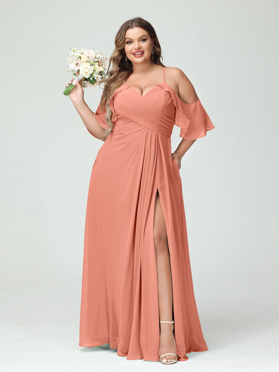 A-Line/Princess Spaghetti Straps Short Sleeves Chiffon Ruched Split Side Plus Size Bridesmaid Dresses with Pockets - 이미지 15
