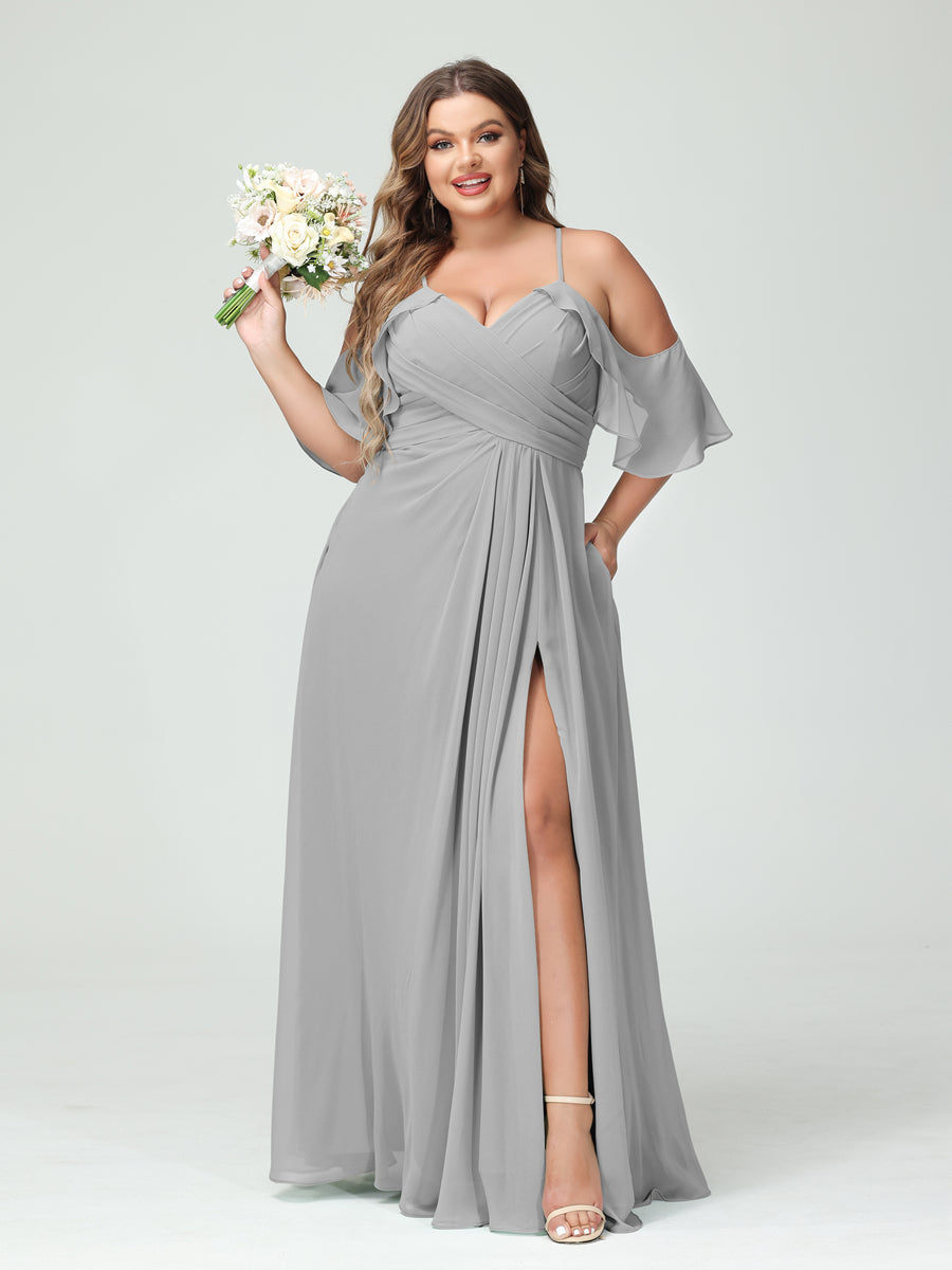 A-Line/Princess Spaghetti Straps Short Sleeves Chiffon Ruched Split Side Plus Size Bridesmaid Dresses with Pockets - 이미지 22
