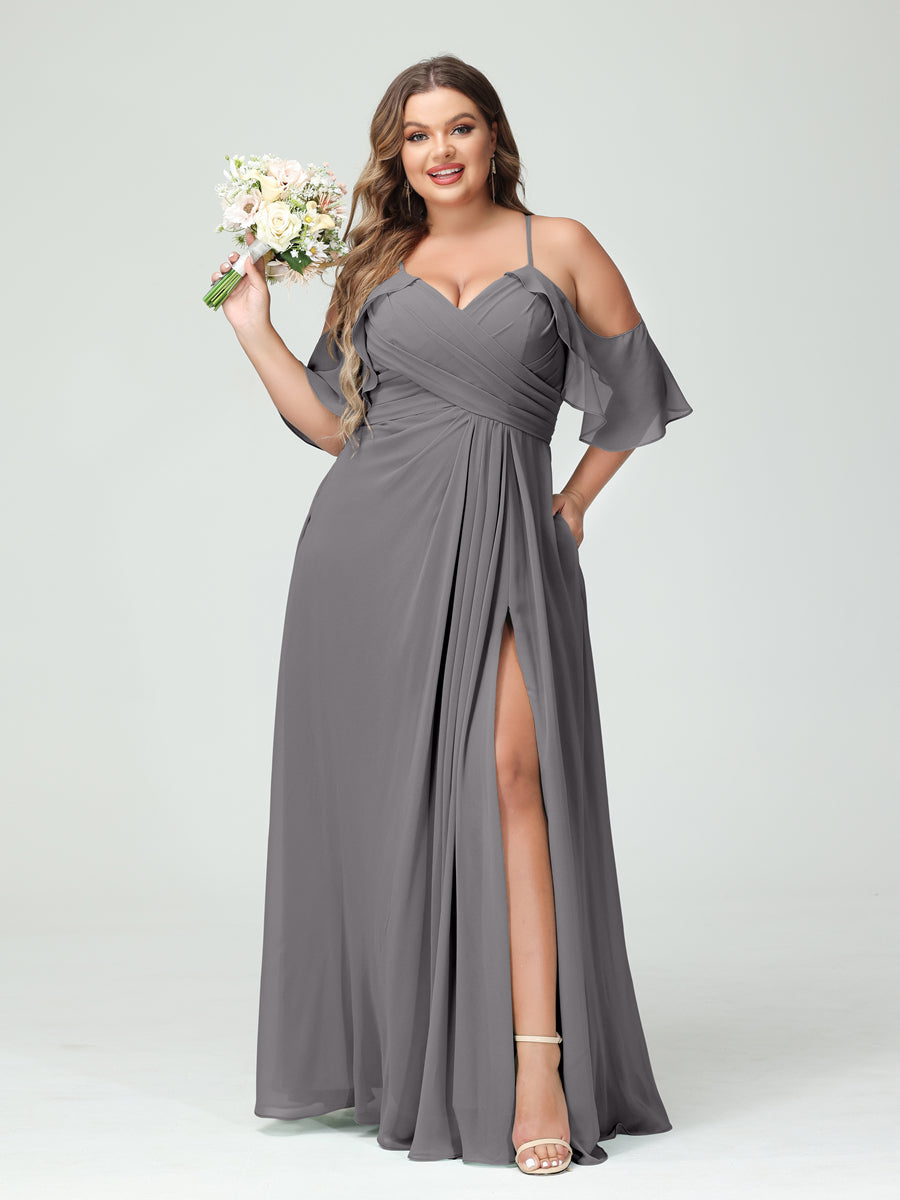 A-Line/Princess Spaghetti Straps Short Sleeves Chiffon Ruched Split Side Plus Size Bridesmaid Dresses with Pockets - 이미지 74