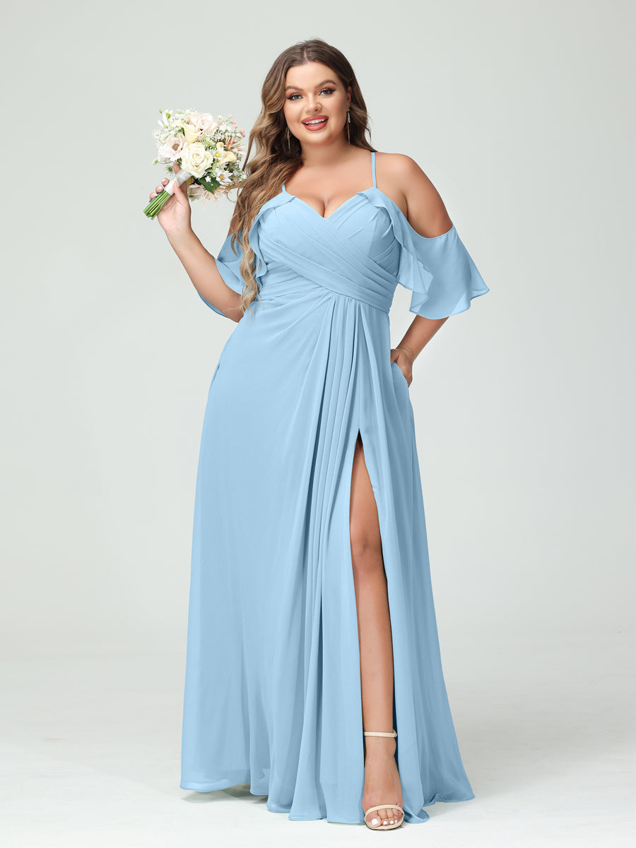 A-Line/Princess Spaghetti Straps Short Sleeves Chiffon Ruched Split Side Plus Size Bridesmaid Dresses with Pockets - 이미지 50