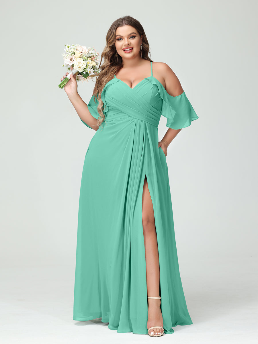 A-Line/Princess Spaghetti Straps Short Sleeves Chiffon Ruched Split Side Plus Size Bridesmaid Dresses with Pockets - 이미지 62