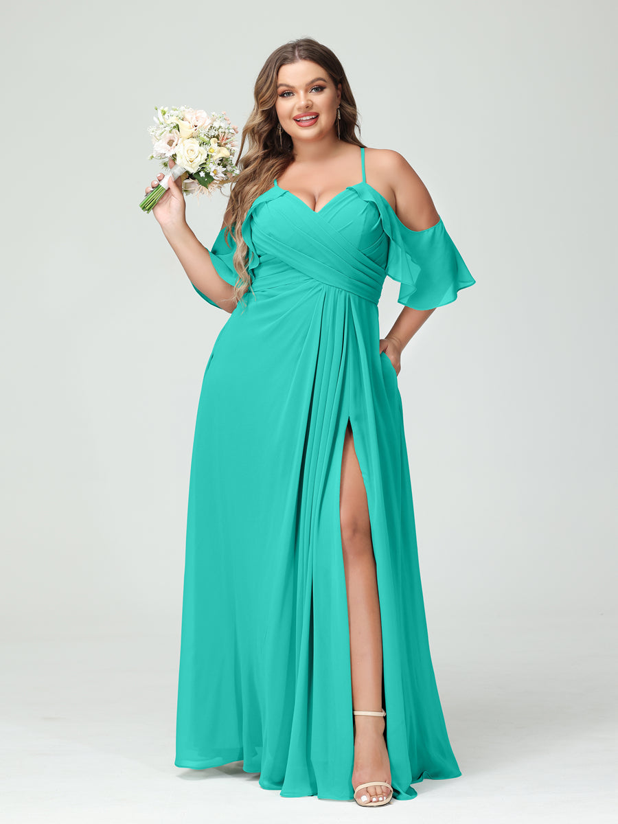 A-Line/Princess Spaghetti Straps Short Sleeves Chiffon Ruched Split Side Plus Size Bridesmaid Dresses with Pockets - 이미지 63