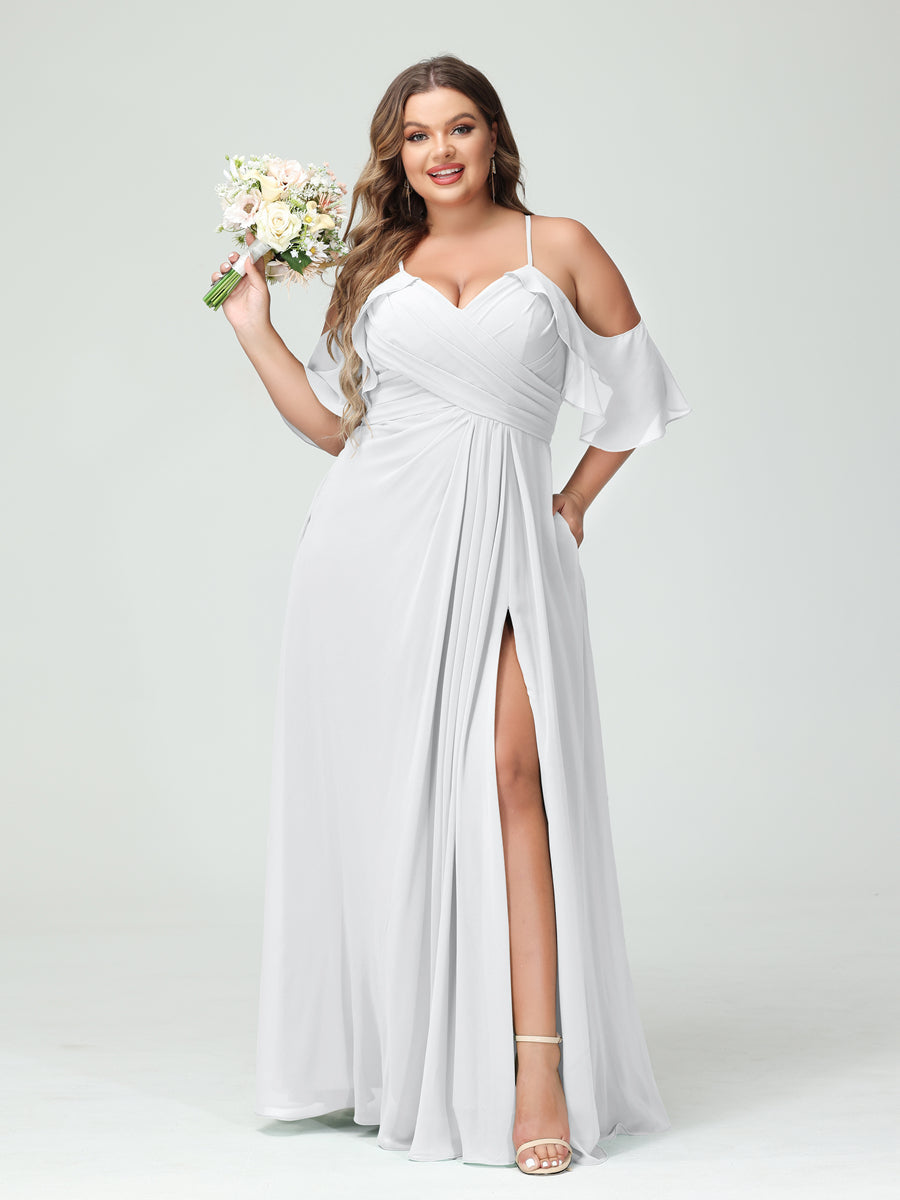 A-Line/Princess Spaghetti Straps Short Sleeves Chiffon Ruched Split Side Plus Size Bridesmaid Dresses with Pockets - 이미지 19