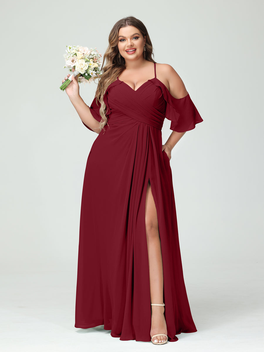 A-Line/Princess Spaghetti Straps Short Sleeves Chiffon Ruched Split Side Plus Size Bridesmaid Dresses with Pockets - 이미지 37