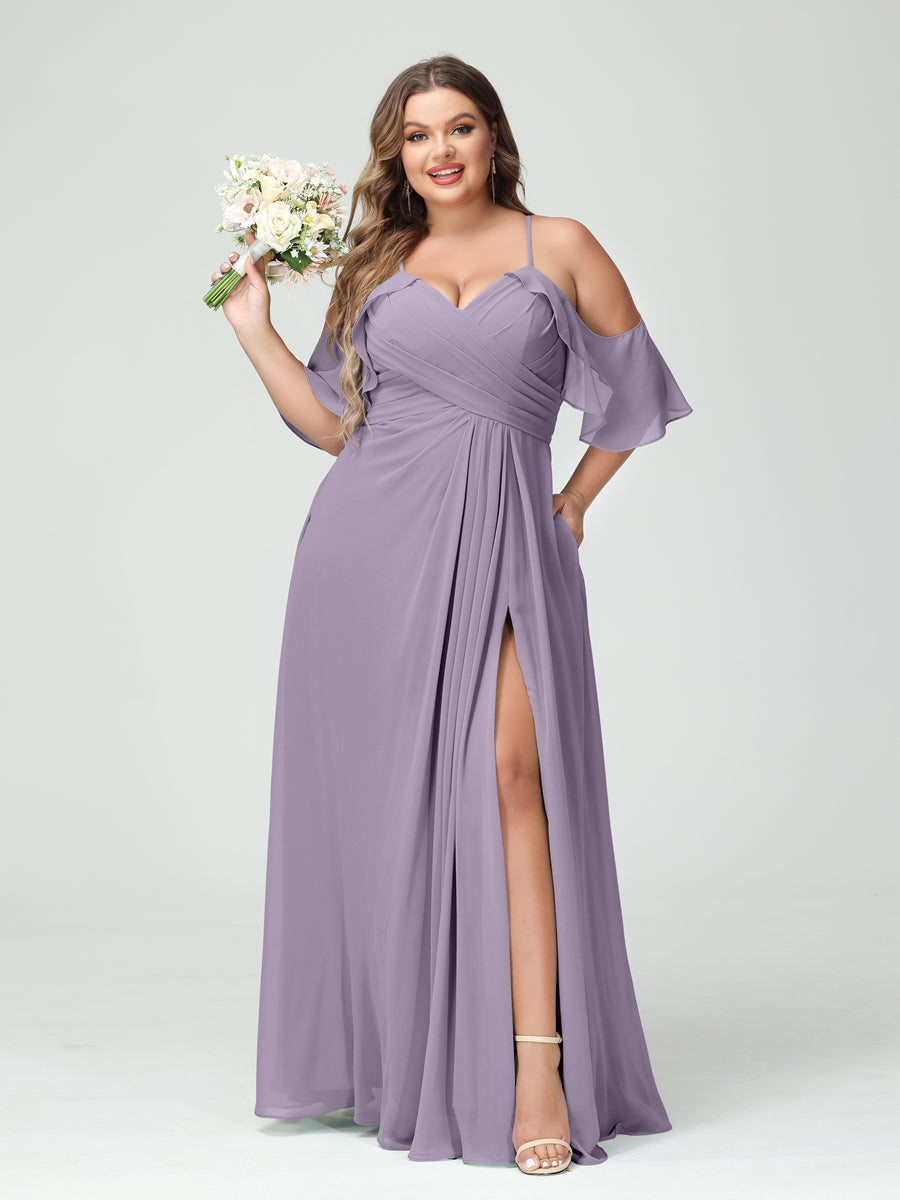 A-Line/Princess Spaghetti Straps Short Sleeves Chiffon Ruched Split Side Plus Size Bridesmaid Dresses with Pockets - 이미지 39