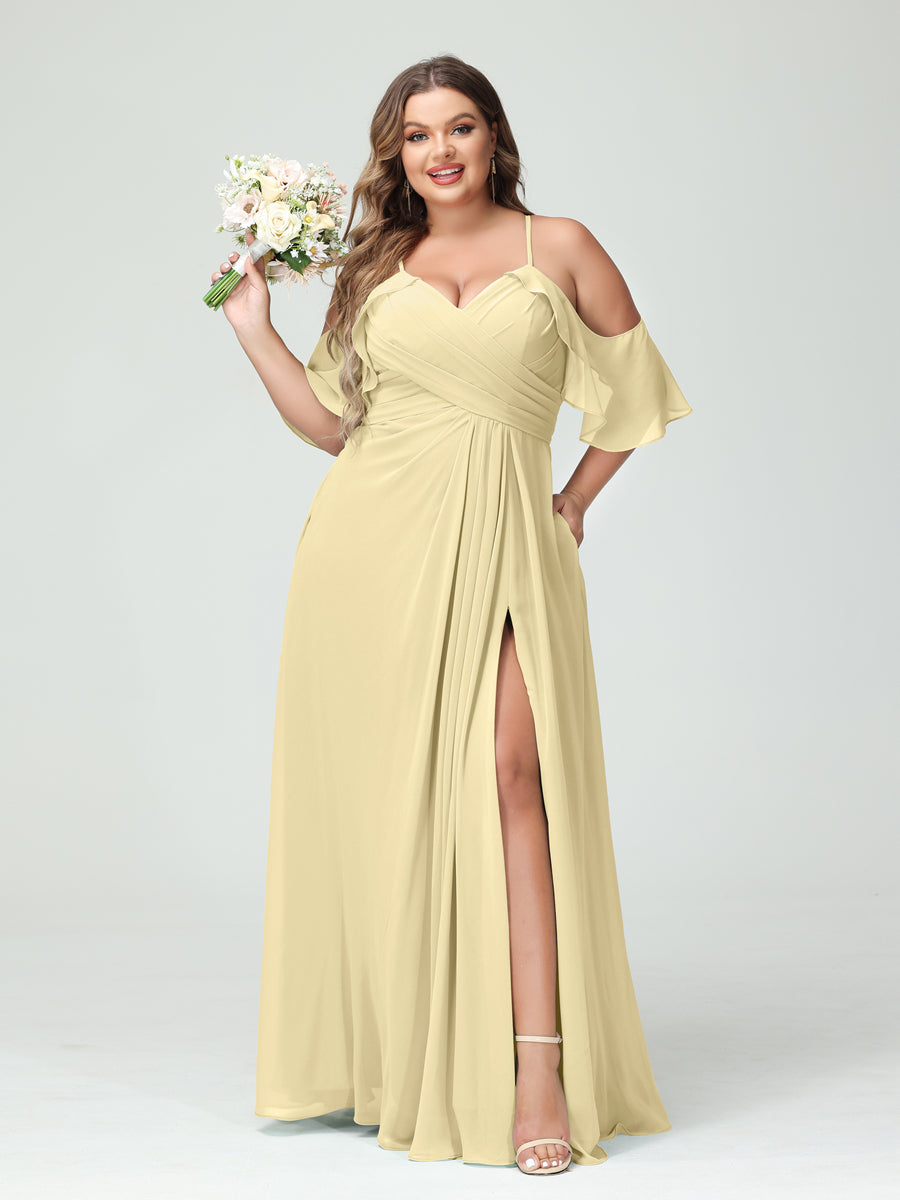 A-Line/Princess Spaghetti Straps Short Sleeves Chiffon Ruched Split Side Plus Size Bridesmaid Dresses with Pockets - 이미지 68