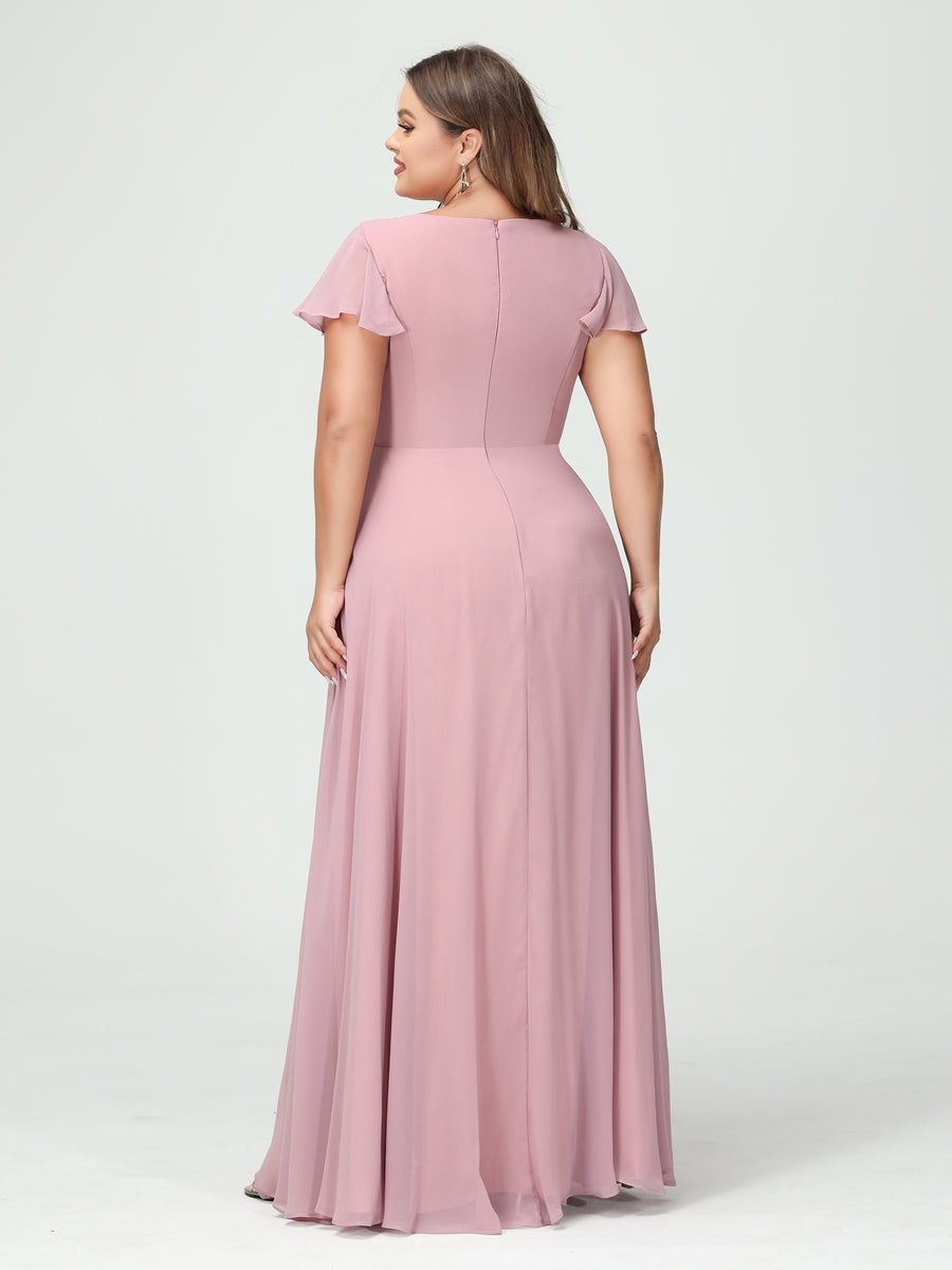 A-Line/Princess V-Neck Short Sleeves Chiffon Ruffles Split Side Plus Size Bridesmaid Dresses with Pockets - 이미지 2