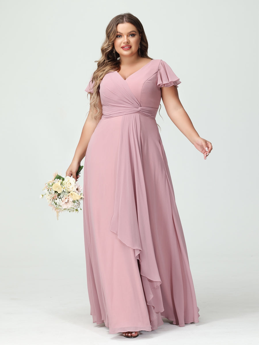 A-Line/Princess V-Neck Short Sleeves Chiffon Ruffles Split Side Plus Size Bridesmaid Dresses with Pockets - 이미지 3