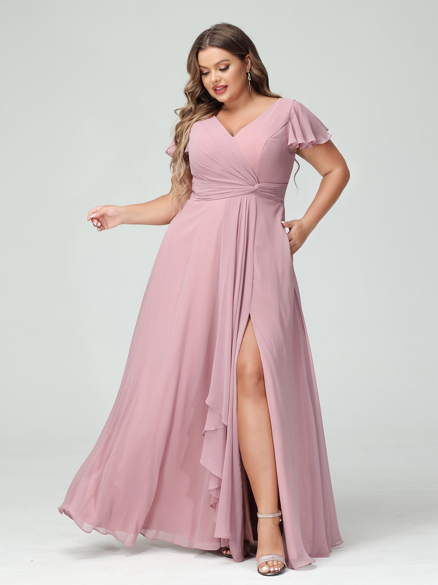 A-Line/Princess V-Neck Short Sleeves Chiffon Ruffles Split Side Plus Size Bridesmaid Dresses with Pockets - 이미지 5