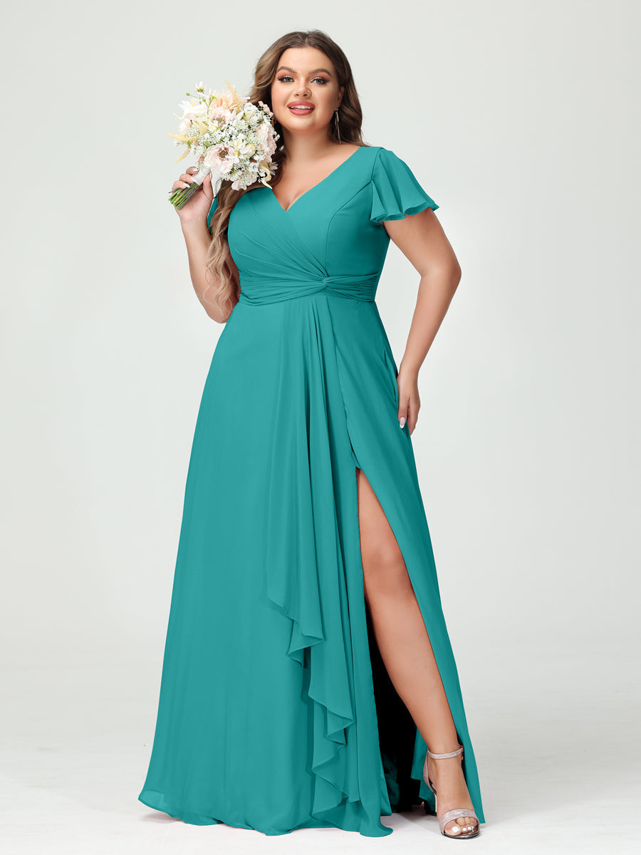 A-Line/Princess V-Neck Short Sleeves Chiffon Ruffles Split Side Plus Size Bridesmaid Dresses with Pockets - 이미지 52