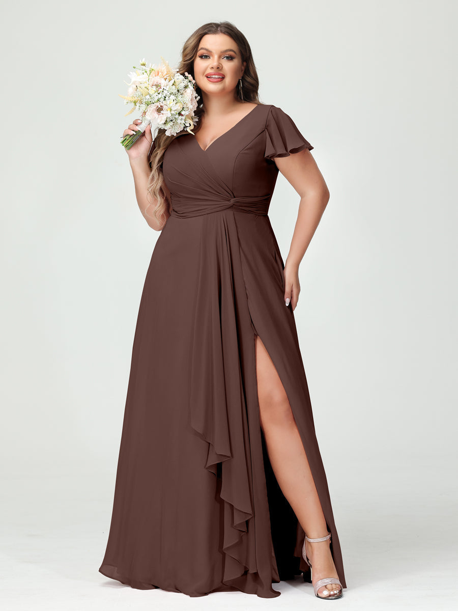 A-Line/Princess V-Neck Short Sleeves Chiffon Ruffles Split Side Plus Size Bridesmaid Dresses with Pockets - 이미지 76