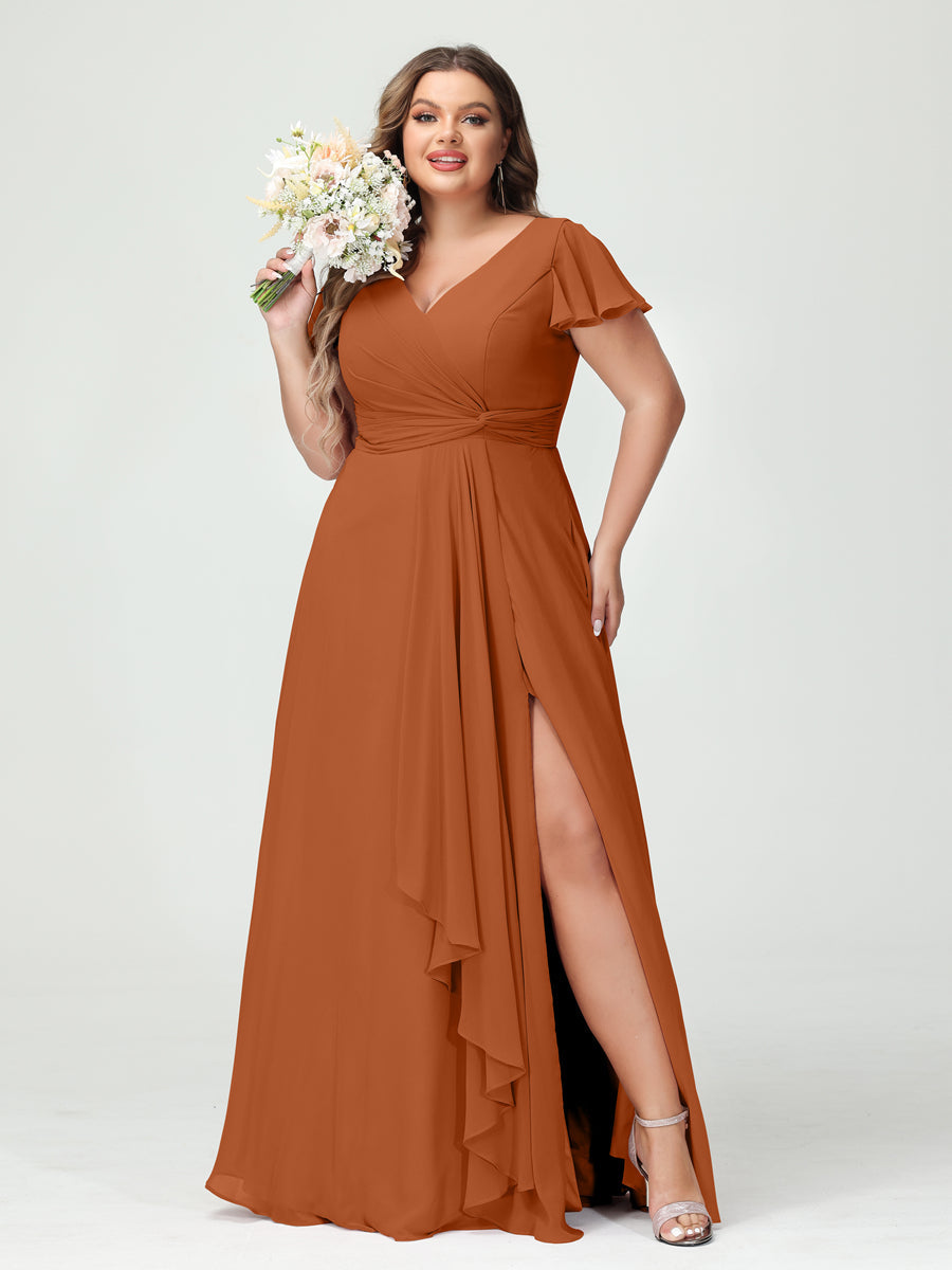 A-Line/Princess V-Neck Short Sleeves Chiffon Ruffles Split Side Plus Size Bridesmaid Dresses with Pockets - 이미지 9