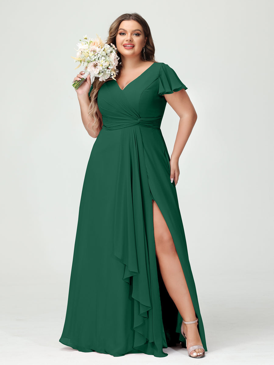 A-Line/Princess V-Neck Short Sleeves Chiffon Ruffles Split Side Plus Size Bridesmaid Dresses with Pockets - 이미지 11