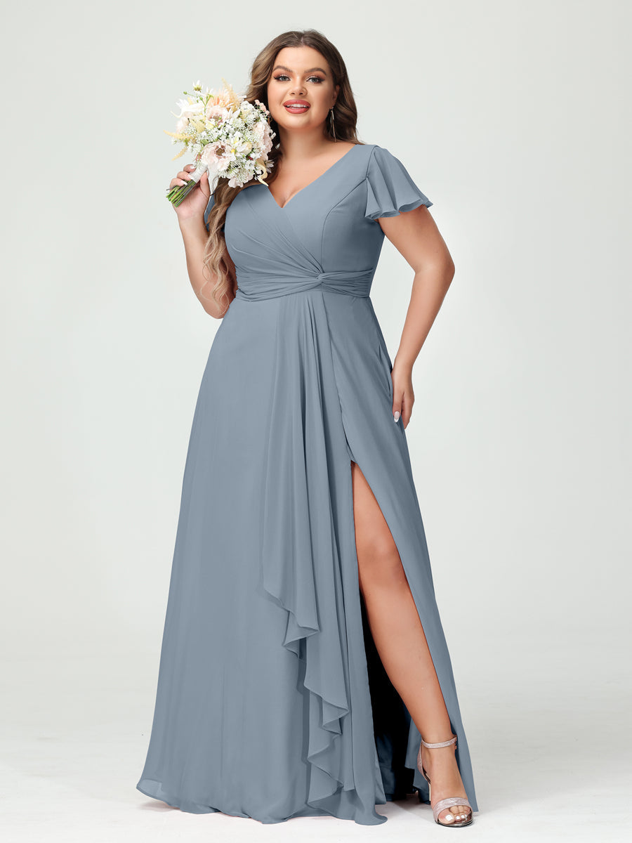A-Line/Princess V-Neck Short Sleeves Chiffon Ruffles Split Side Plus Size Bridesmaid Dresses with Pockets - 이미지 8