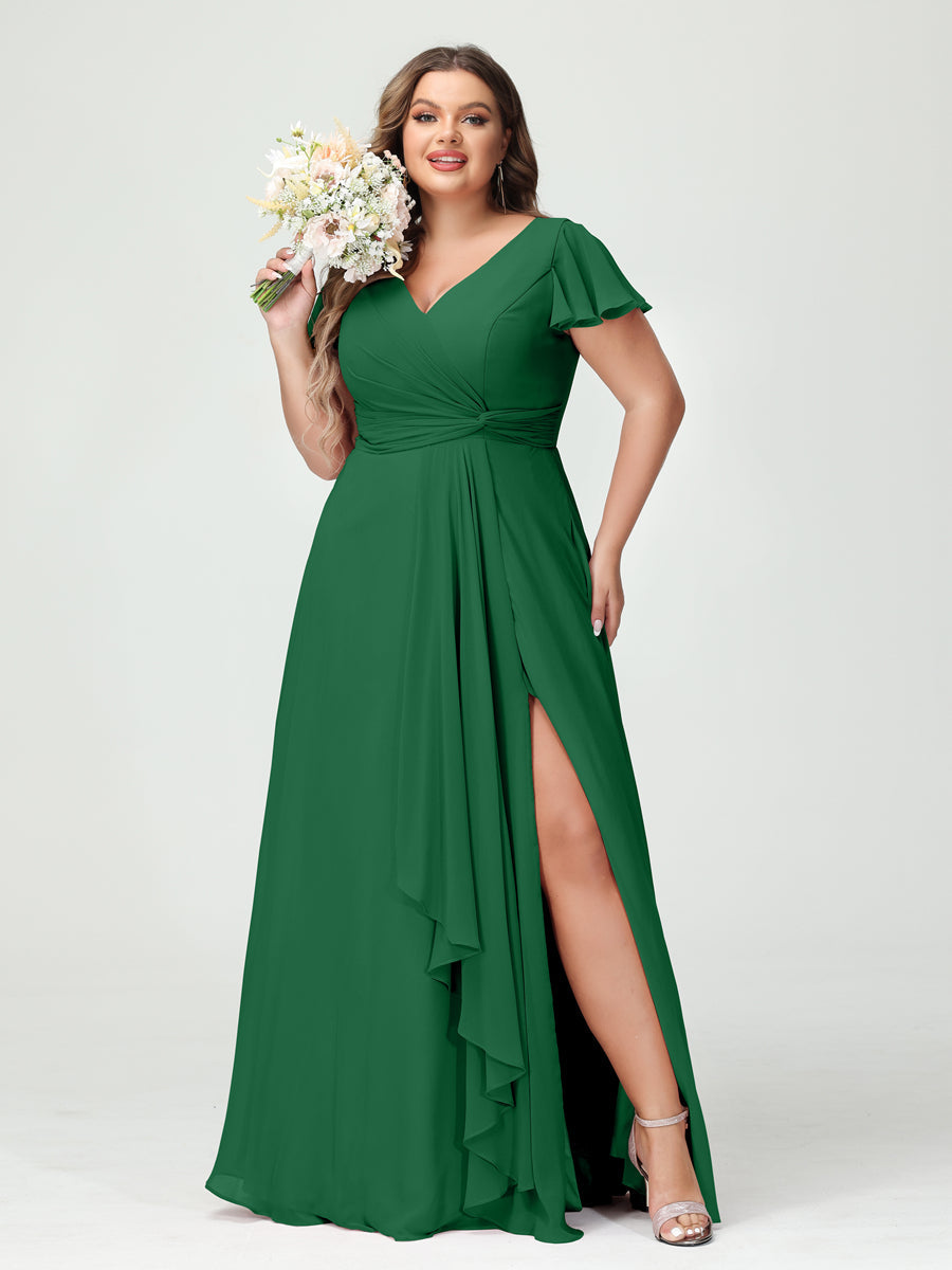 A-Line/Princess V-Neck Short Sleeves Chiffon Ruffles Split Side Plus Size Bridesmaid Dresses with Pockets - 이미지 67