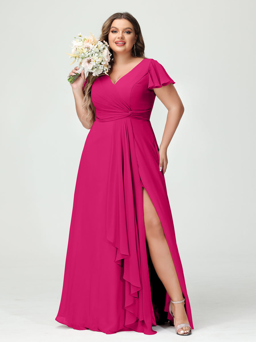 A-Line/Princess V-Neck Short Sleeves Chiffon Ruffles Split Side Plus Size Bridesmaid Dresses with Pockets - 이미지 34