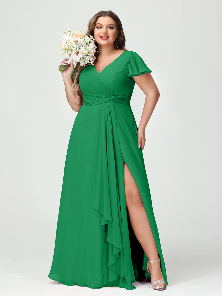 A-Line/Princess V-Neck Short Sleeves Chiffon Ruffles Split Side Plus Size Bridesmaid Dresses with Pockets - 이미지 64