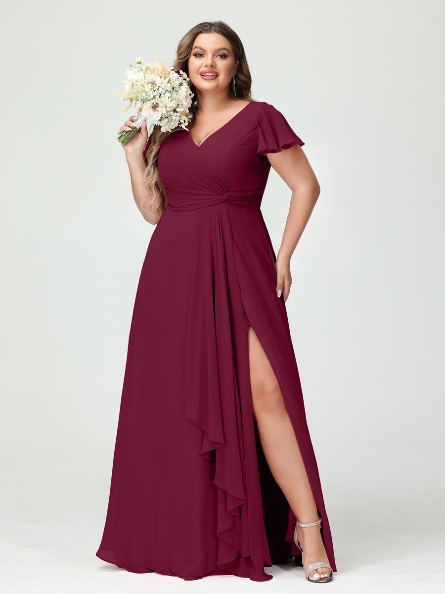 A-Line/Princess V-Neck Short Sleeves Chiffon Ruffles Split Side Plus Size Bridesmaid Dresses with Pockets - 이미지 38
