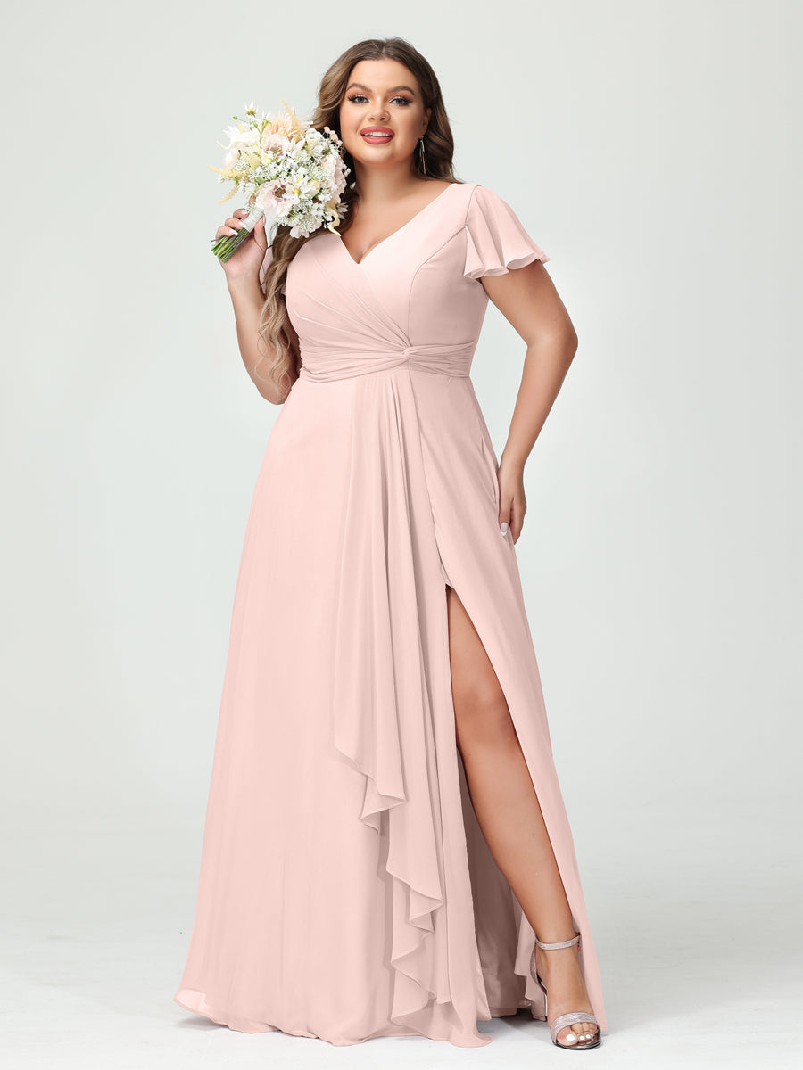 A-Line/Princess V-Neck Short Sleeves Chiffon Ruffles Split Side Plus Size Bridesmaid Dresses with Pockets - 이미지 27