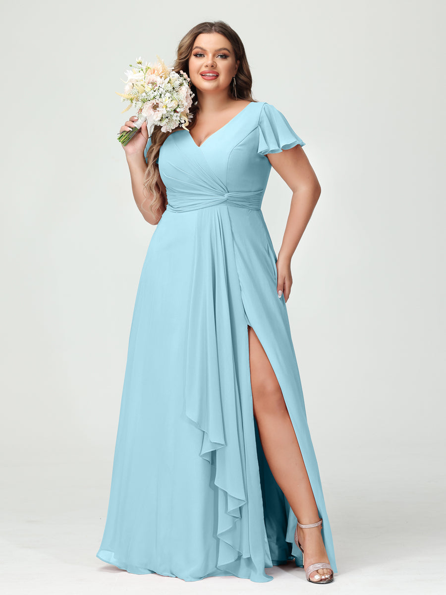A-Line/Princess V-Neck Short Sleeves Chiffon Ruffles Split Side Plus Size Bridesmaid Dresses with Pockets - 이미지 49