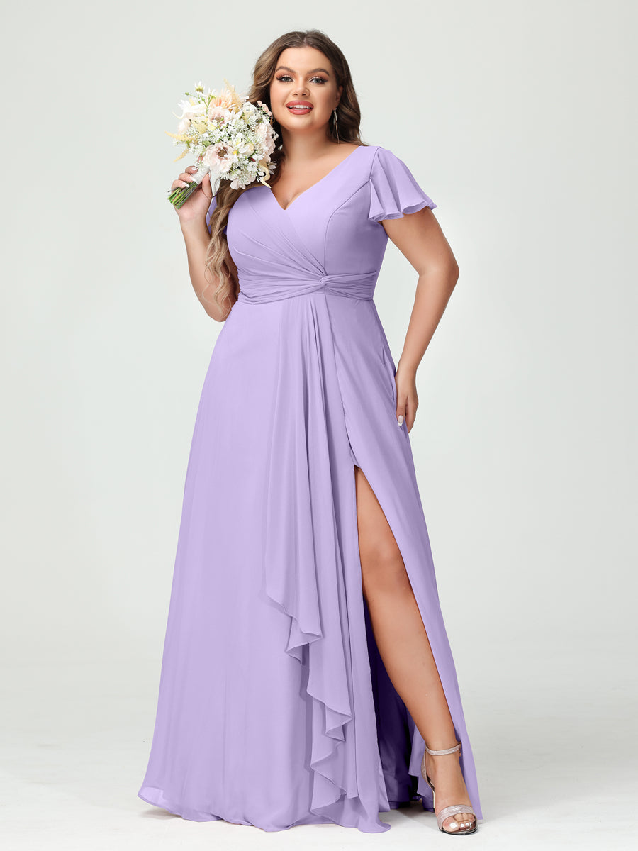 A-Line/Princess V-Neck Short Sleeves Chiffon Ruffles Split Side Plus Size Bridesmaid Dresses with Pockets - 이미지 14