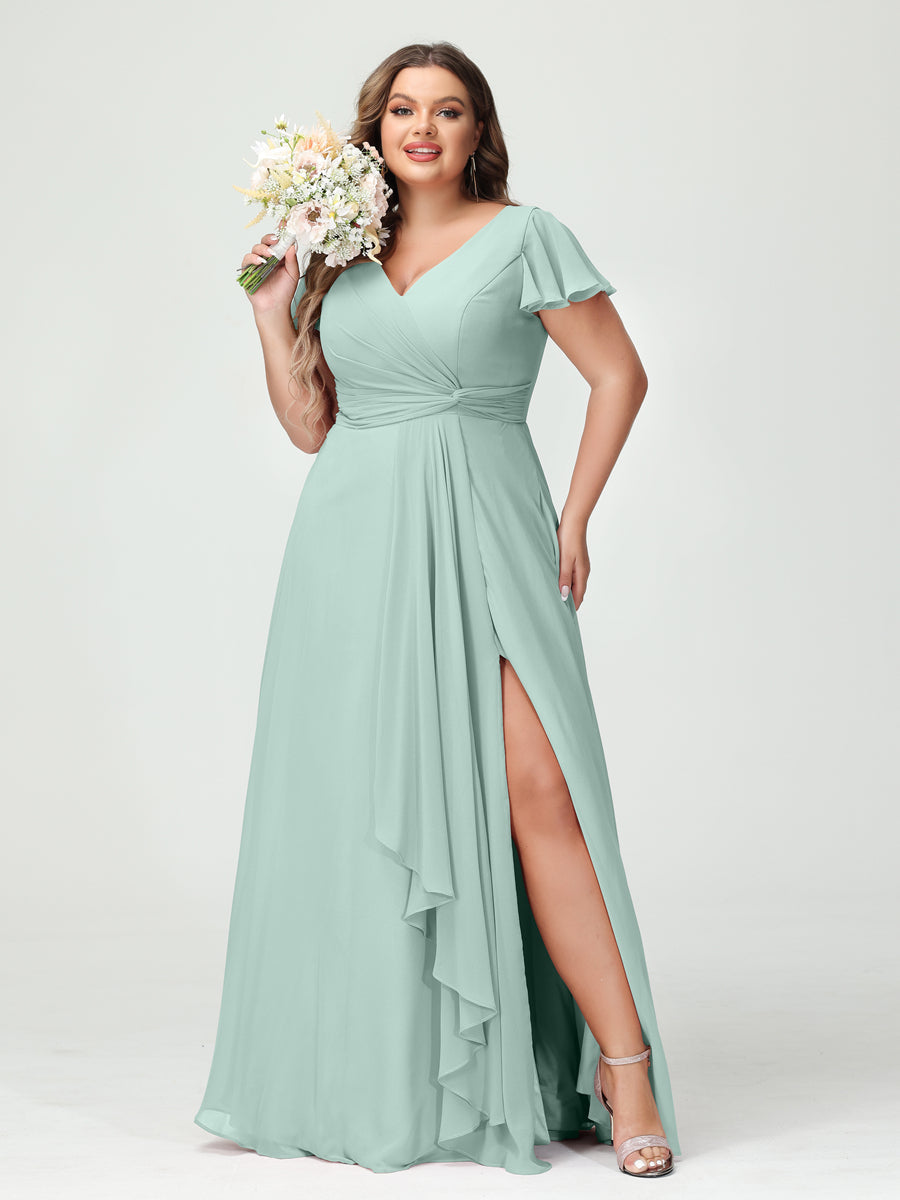 A-Line/Princess V-Neck Short Sleeves Chiffon Ruffles Split Side Plus Size Bridesmaid Dresses with Pockets - 이미지 60