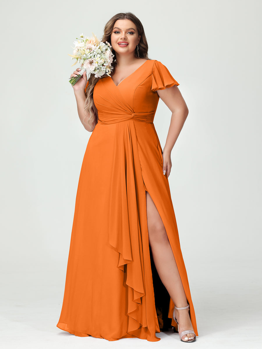 A-Line/Princess V-Neck Short Sleeves Chiffon Ruffles Split Side Plus Size Bridesmaid Dresses with Pockets - 이미지 72