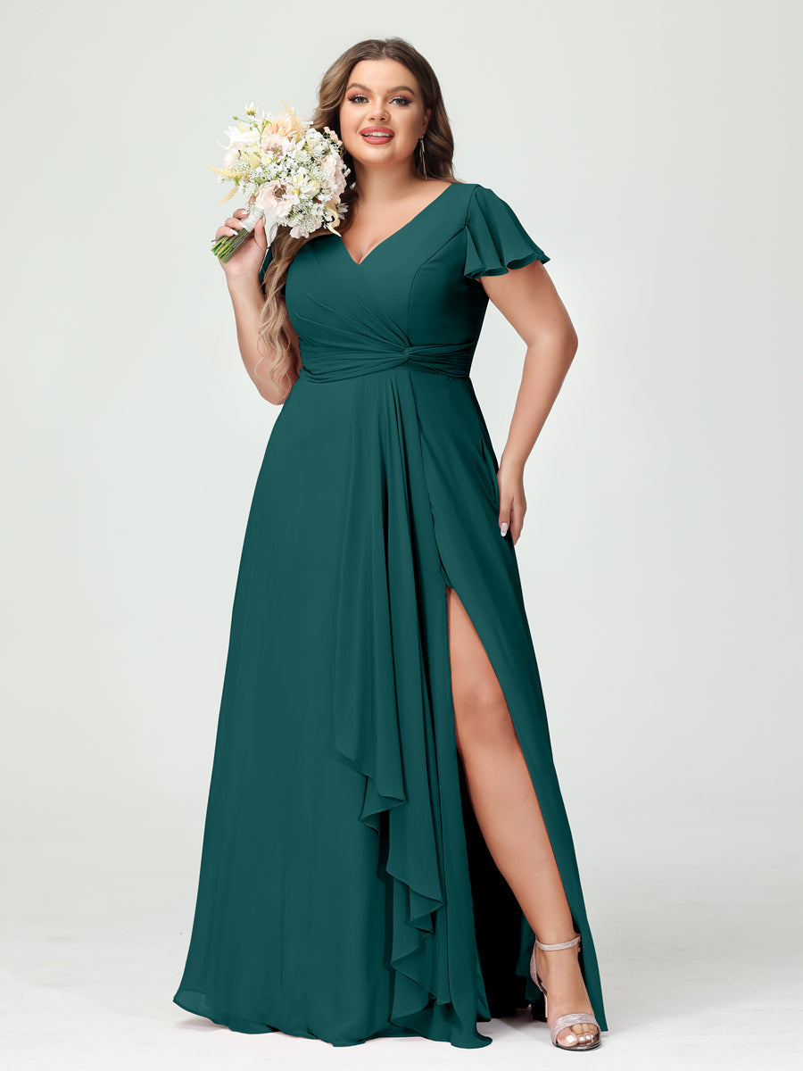 A-Line/Princess V-Neck Short Sleeves Chiffon Ruffles Split Side Plus Size Bridesmaid Dresses with Pockets - 이미지 66