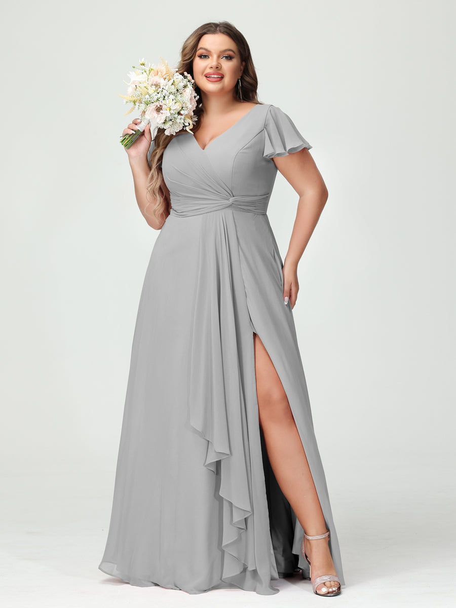 A-Line/Princess V-Neck Short Sleeves Chiffon Ruffles Split Side Plus Size Bridesmaid Dresses with Pockets - 이미지 22