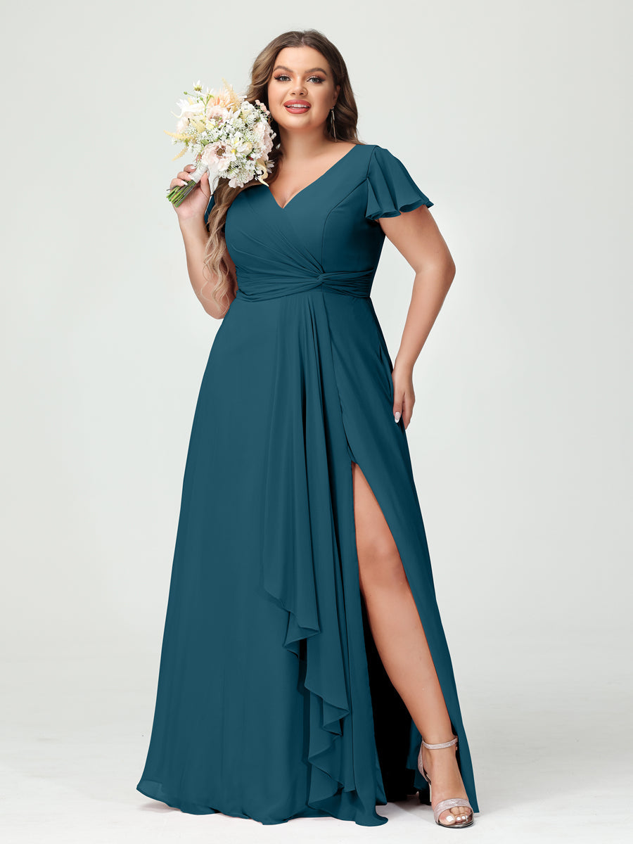 A-Line/Princess V-Neck Short Sleeves Chiffon Ruffles Split Side Plus Size Bridesmaid Dresses with Pockets - 이미지 58