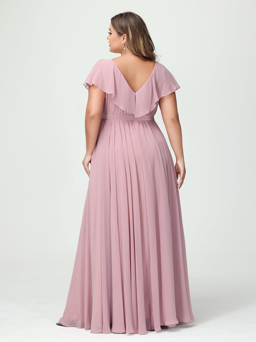 A-Line/Princess V-Neck Short Sleeves Chiffon Ruffles Plus Size Bridesmaid Dresses With Pockets - 画像 (2)