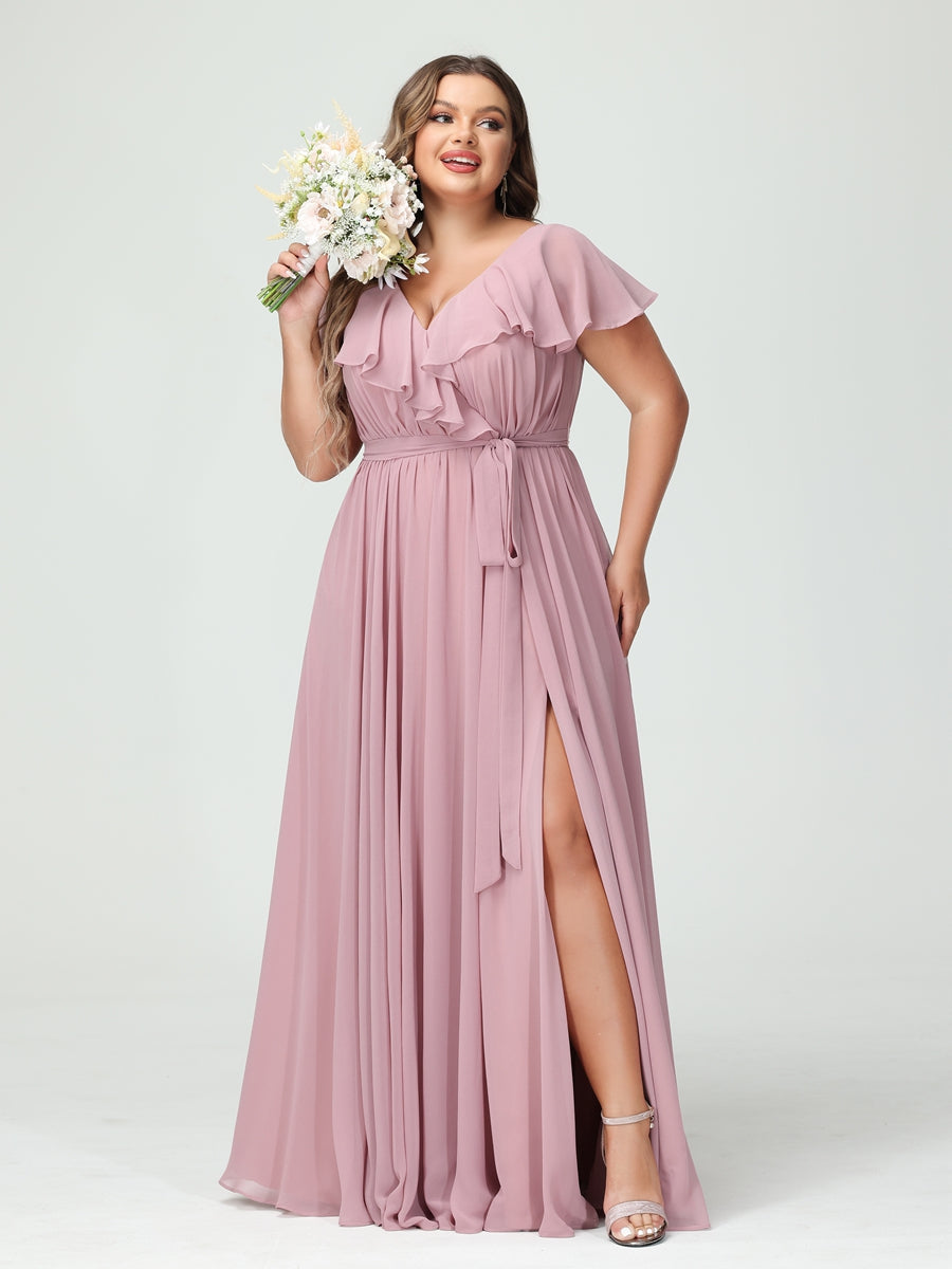 A-Line/Princess V-Neck Short Sleeves Chiffon Ruffles Plus Size Bridesmaid Dresses With Pockets - 画像 (3)