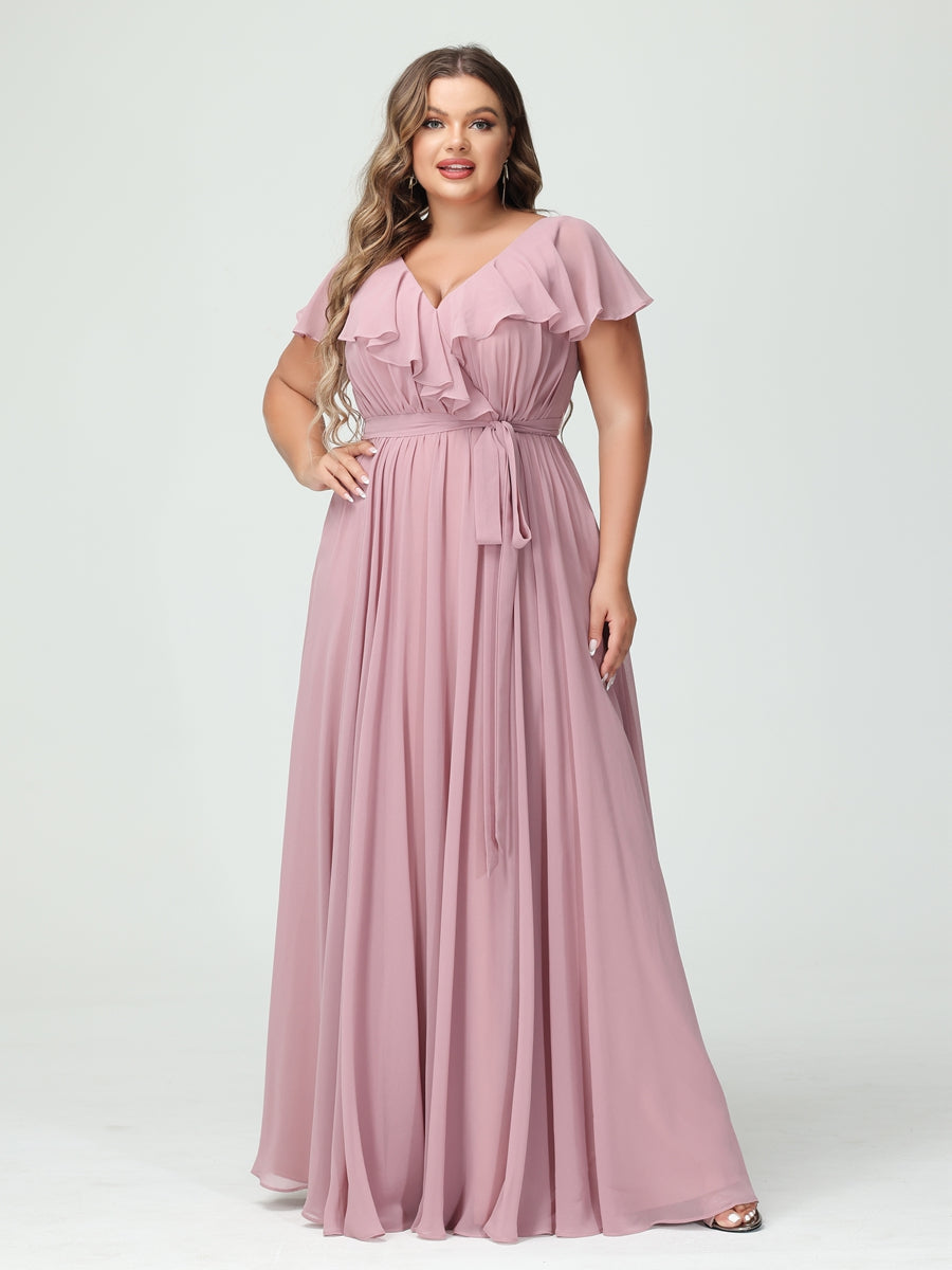 A-Line/Princess V-Neck Short Sleeves Chiffon Ruffles Plus Size Bridesmaid Dresses With Pockets - 画像 (5)