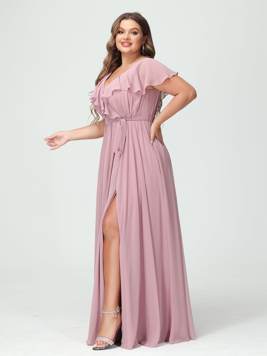 A-Line/Princess V-Neck Short Sleeves Chiffon Ruffles Plus Size Bridesmaid Dresses With Pockets - 画像 (6)