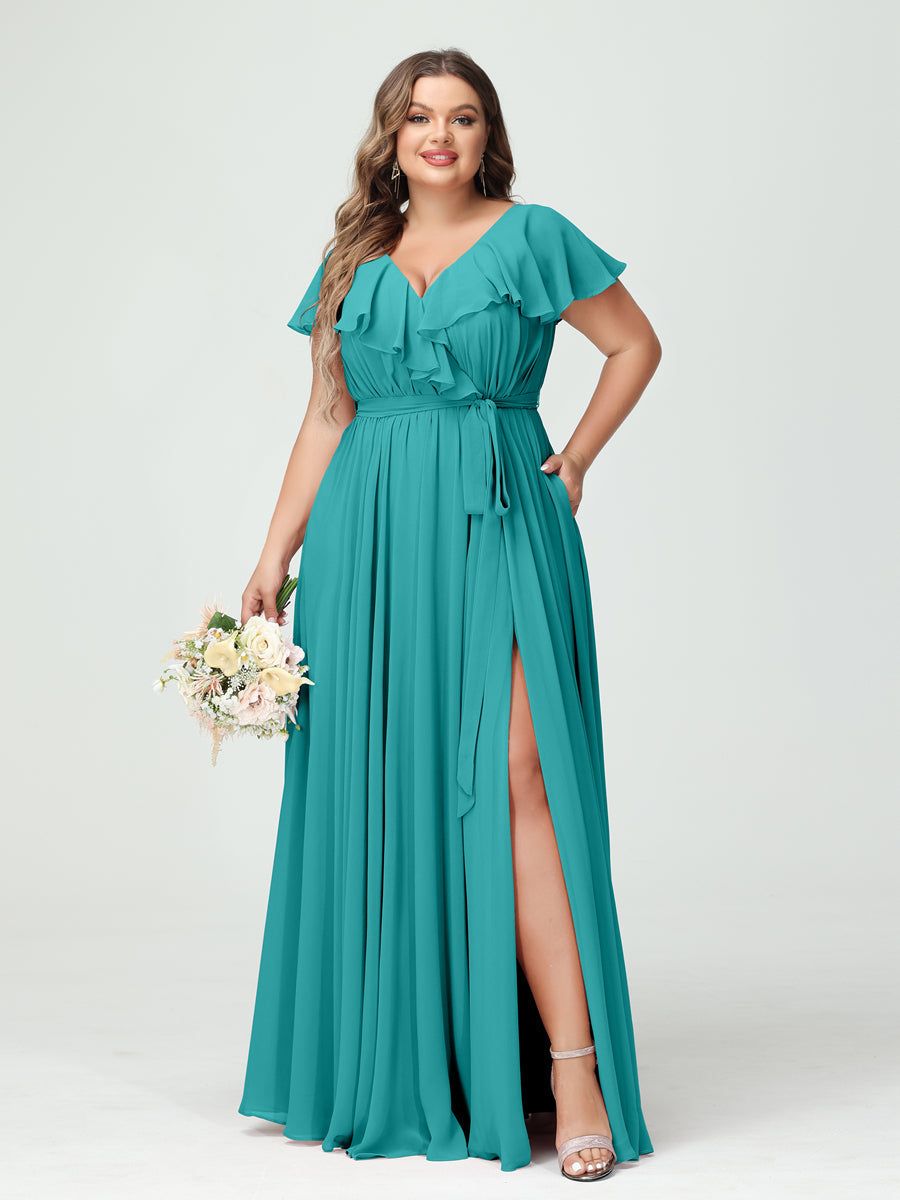 A-Line/Princess V-Neck Short Sleeves Chiffon Ruffles Plus Size Bridesmaid Dresses With Pockets - 画像 (52)