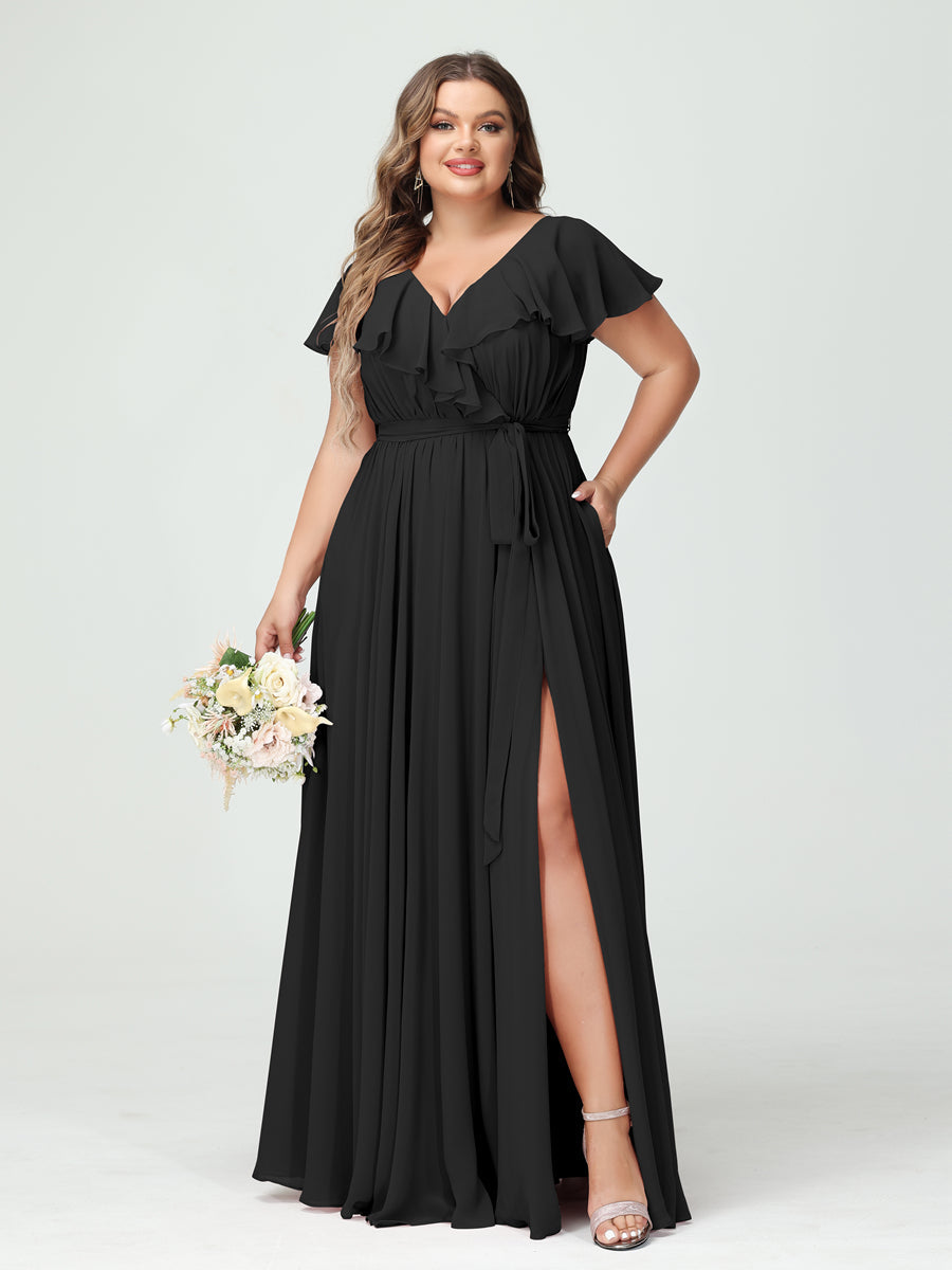 A-Line/Princess V-Neck Short Sleeves Chiffon Ruffles Plus Size Bridesmaid Dresses With Pockets - 画像 (18)