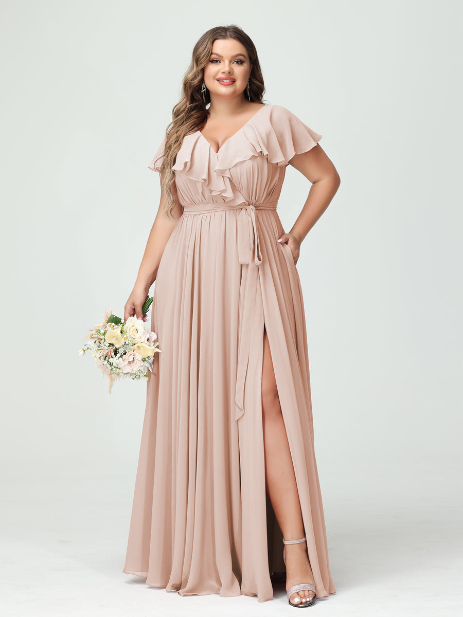 A-Line/Princess V-Neck Short Sleeves Chiffon Ruffles Plus Size Bridesmaid Dresses With Pockets - 画像 (28)