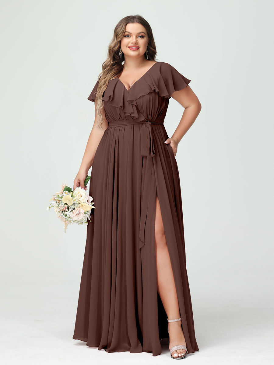 A-Line/Princess V-Neck Short Sleeves Chiffon Ruffles Plus Size Bridesmaid Dresses With Pockets - 画像 (76)