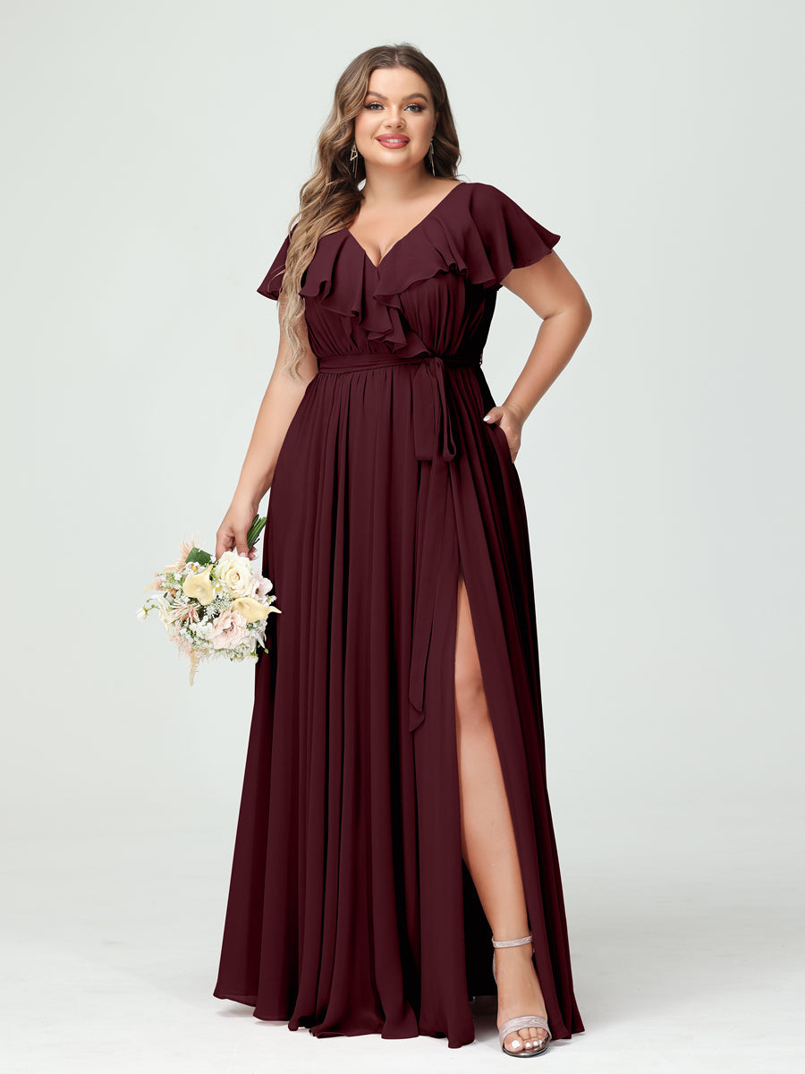 A-Line/Princess V-Neck Short Sleeves Chiffon Ruffles Plus Size Bridesmaid Dresses With Pockets - 画像 (12)