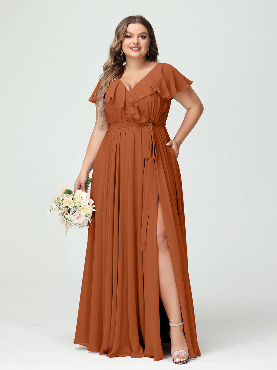 A-Line/Princess V-Neck Short Sleeves Chiffon Ruffles Plus Size Bridesmaid Dresses With Pockets - 画像 (9)