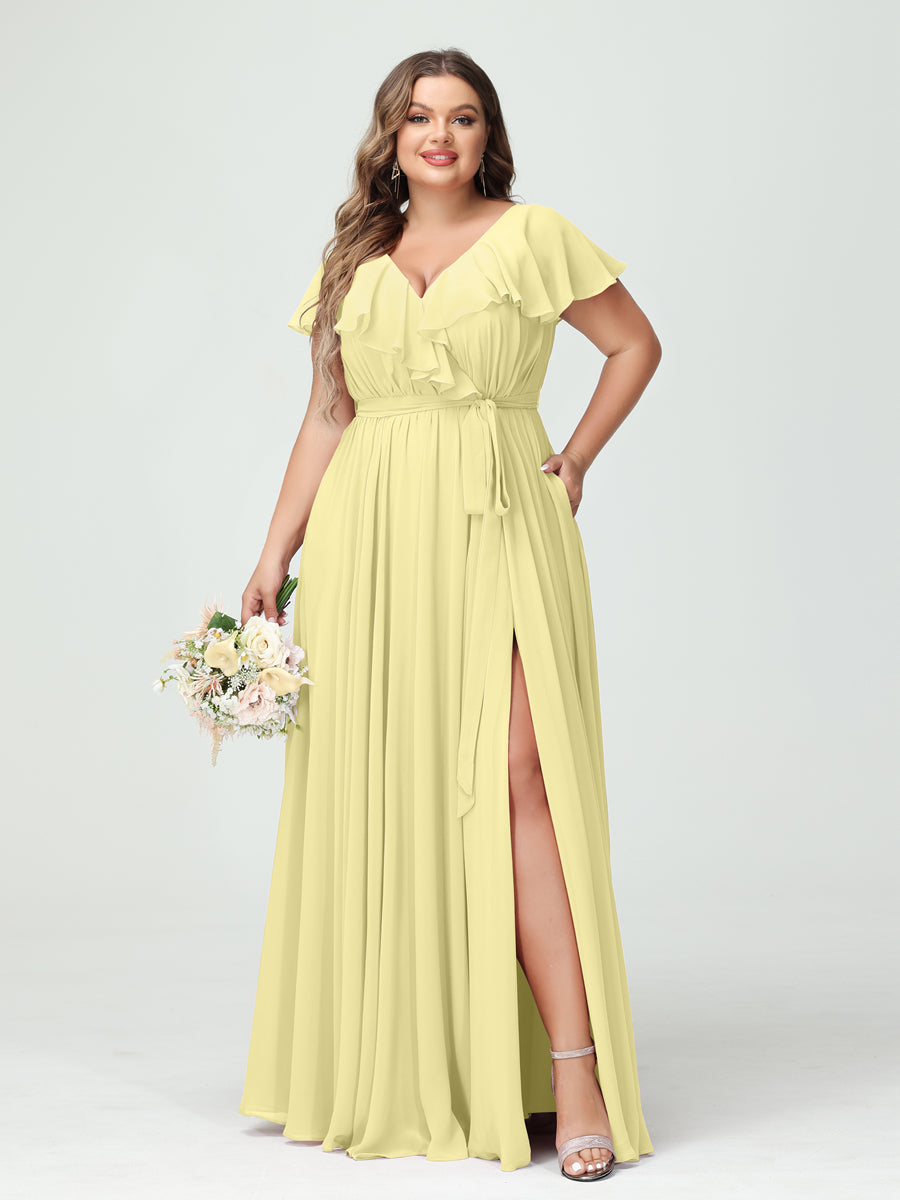 A-Line/Princess V-Neck Short Sleeves Chiffon Ruffles Plus Size Bridesmaid Dresses With Pockets - 画像 (69)