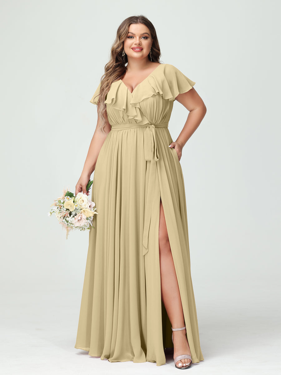 A-Line/Princess V-Neck Short Sleeves Chiffon Ruffles Plus Size Bridesmaid Dresses With Pockets - 画像 (24)