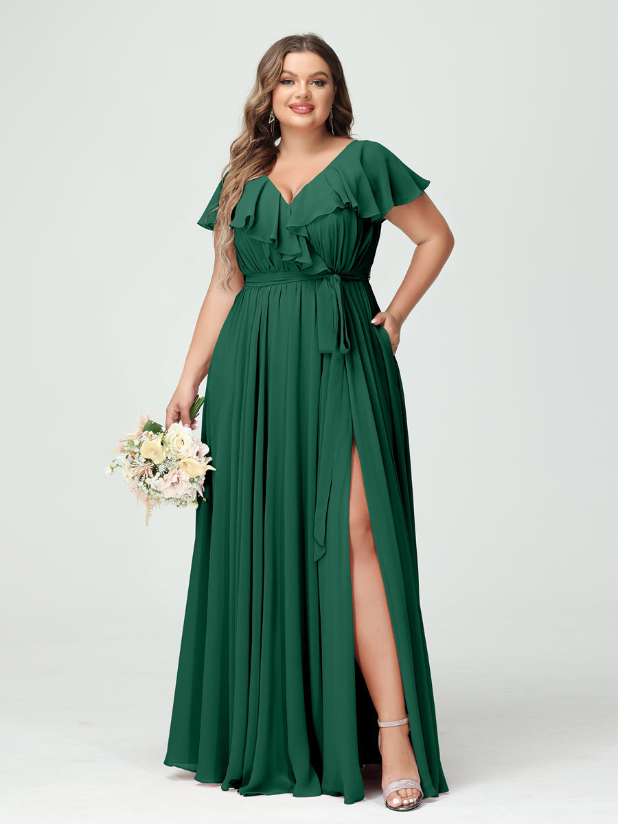 A-Line/Princess V-Neck Short Sleeves Chiffon Ruffles Plus Size Bridesmaid Dresses With Pockets - 画像 (11)
