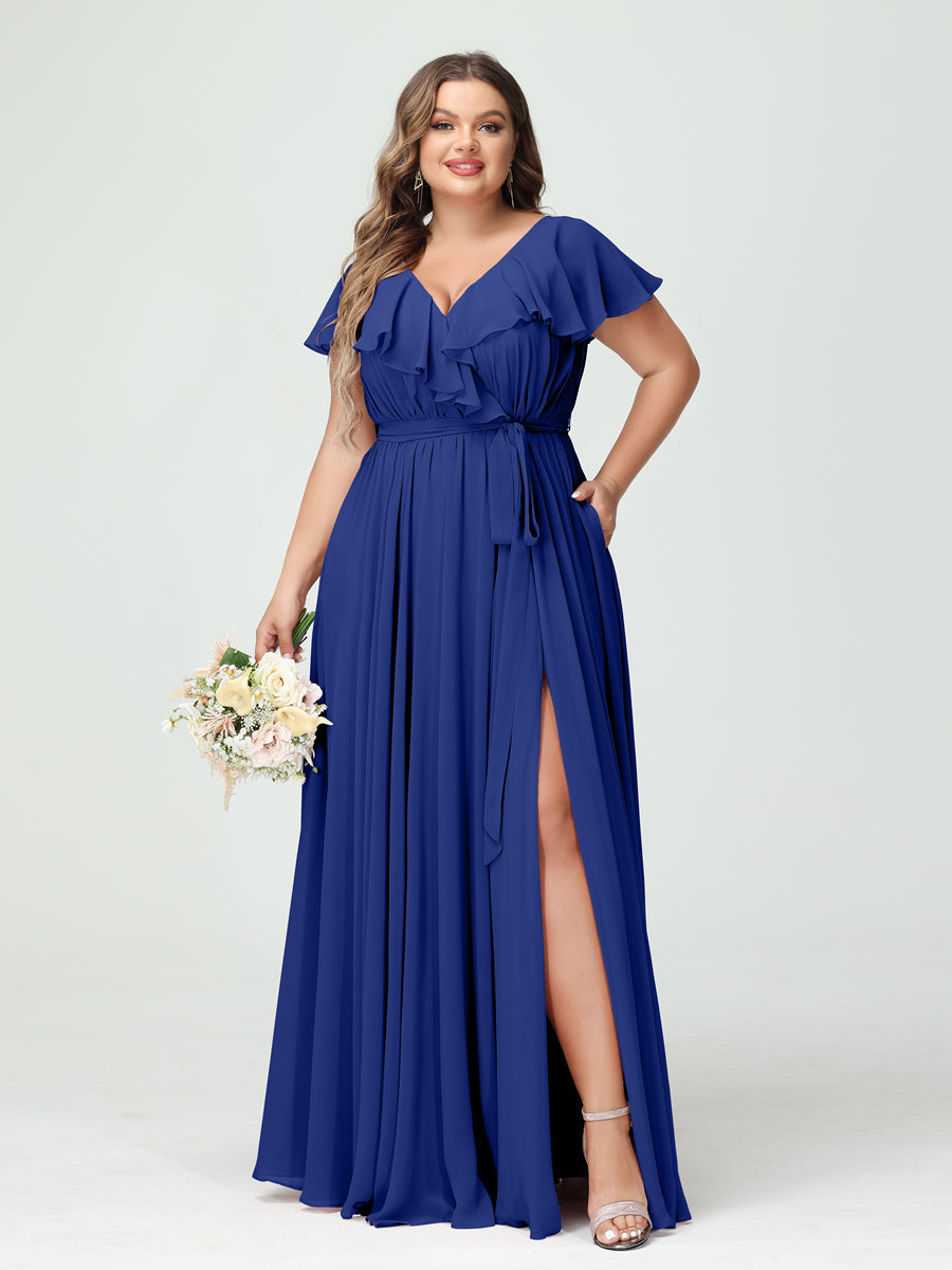 A-Line/Princess V-Neck Short Sleeves Chiffon Ruffles Plus Size Bridesmaid Dresses With Pockets - 画像 (56)