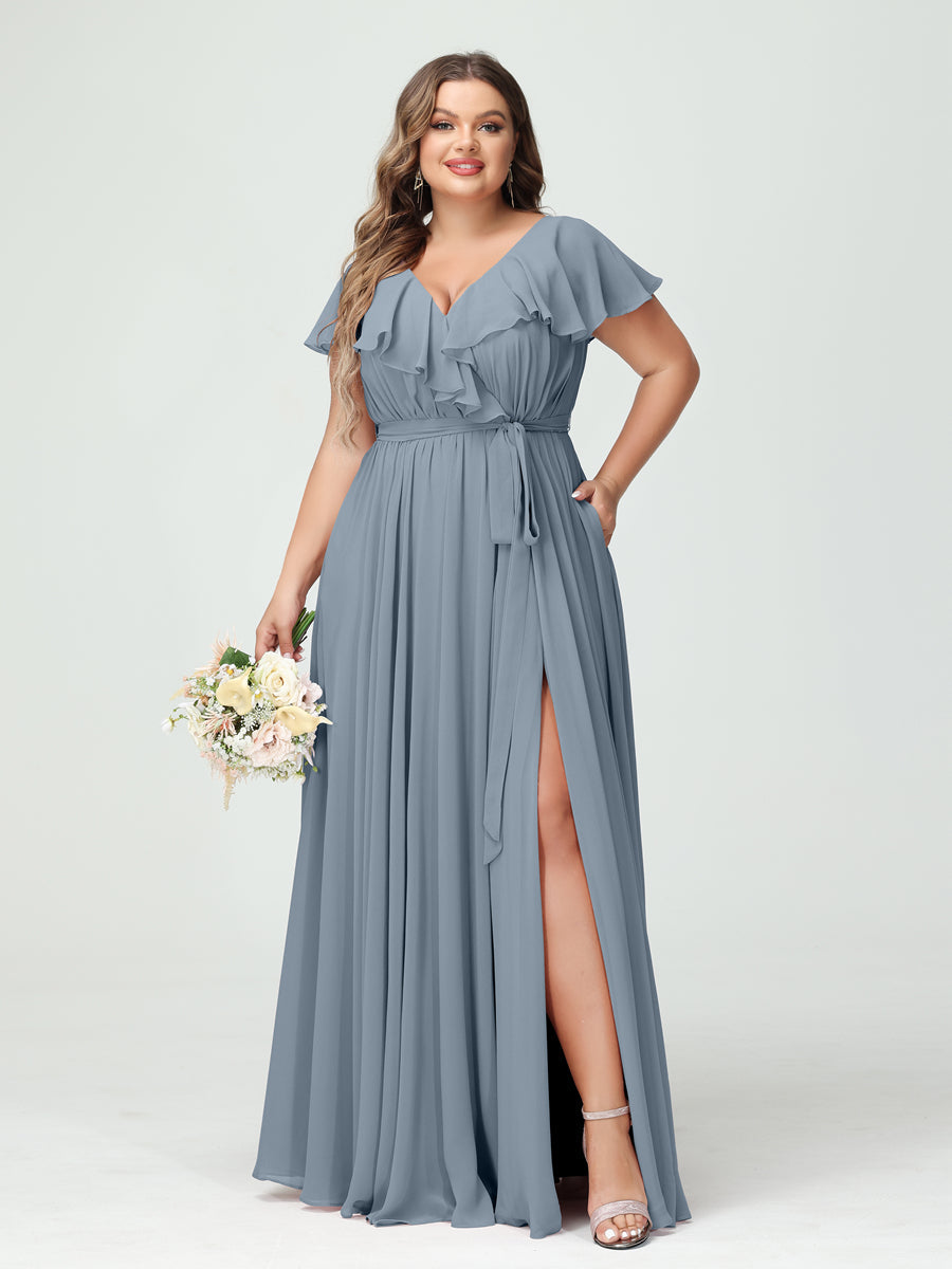 A-Line/Princess V-Neck Short Sleeves Chiffon Ruffles Plus Size Bridesmaid Dresses With Pockets - 画像 (8)